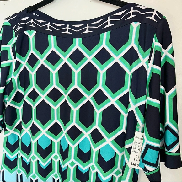 NWT Signature Camryn Dress Geometric Turquoise Navy Green Sheath Petite Size 14P - Picture 6 of 16
